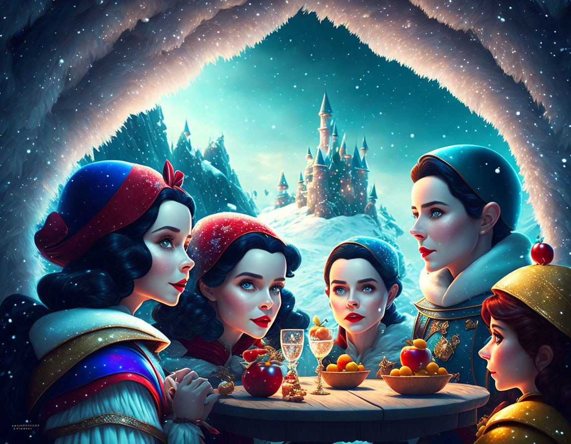 Five Snow White-like characters in snow-covered landscape with apple, castle, icy arch.