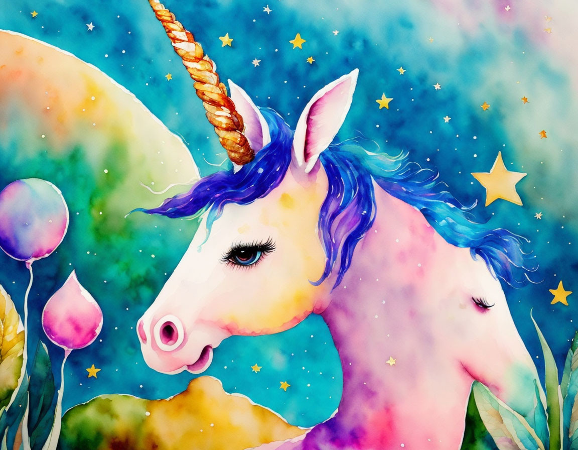 Whimsical unicorn watercolor illustration with colorful hues and starlit backdrop