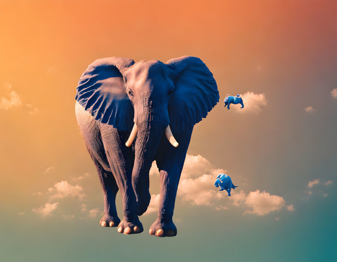 Surreal elephant with small blue elephant on trunk in orange-blue sky