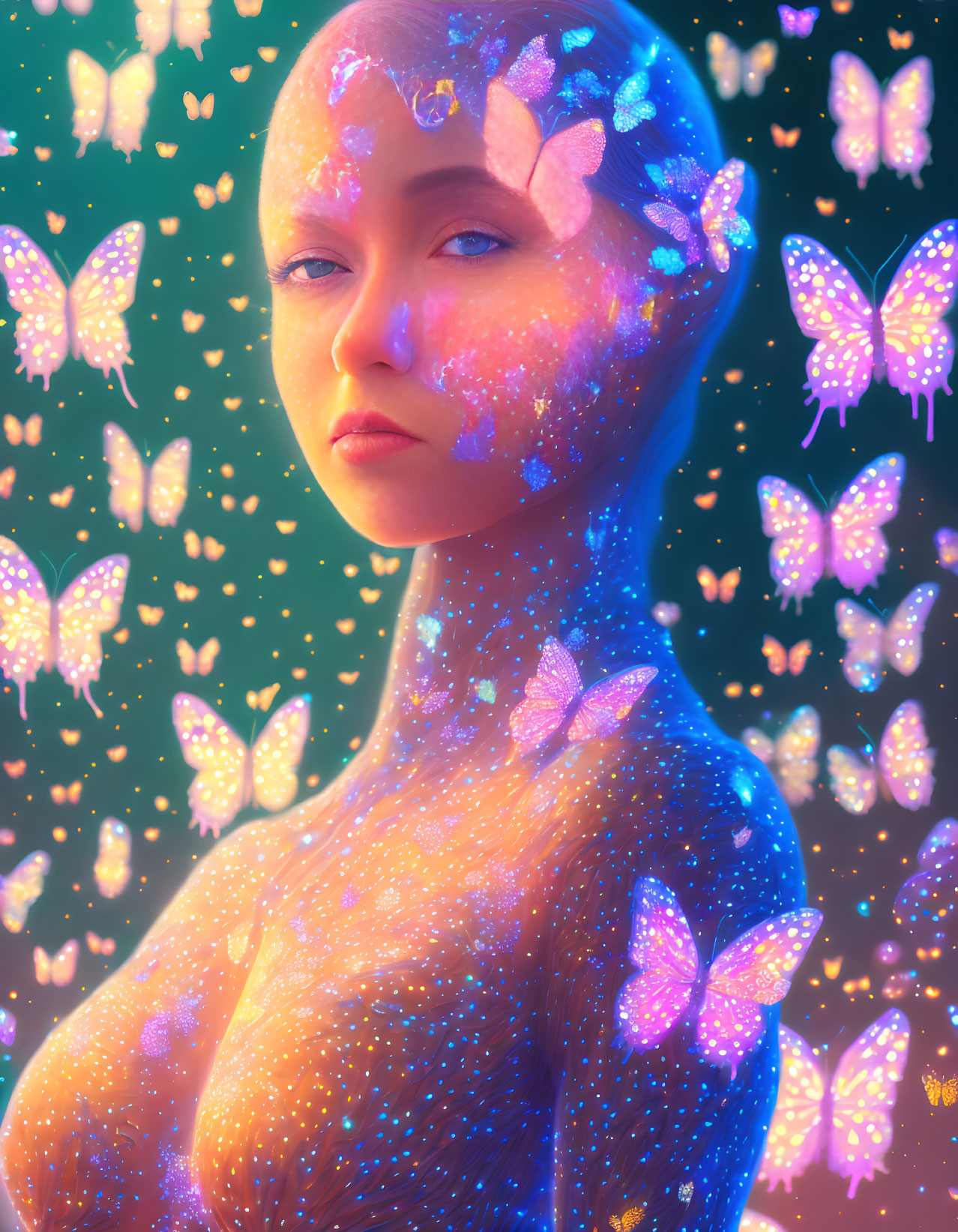 Person adorned with glowing butterflies and sparkles, surrounded by fantasy aura