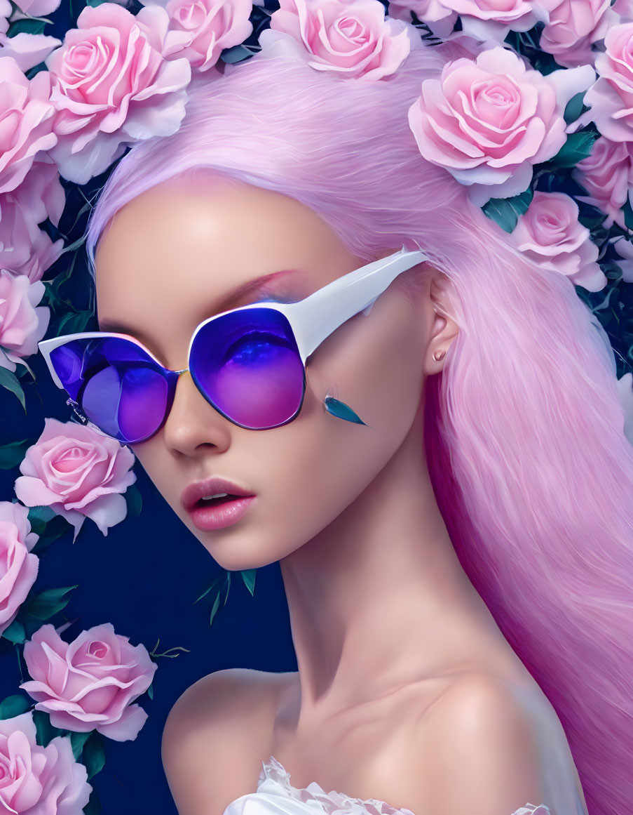 Woman with Pastel Pink Hair and Violet Sunglasses Among Pink Roses on Blue Background