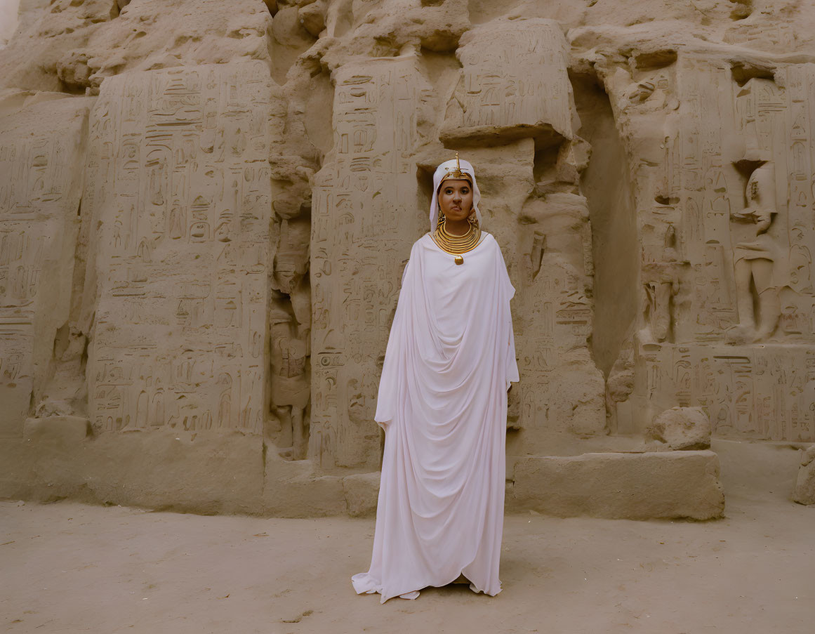 Ancient Egyptian-style clothing at historic site with hieroglyphic-covered walls