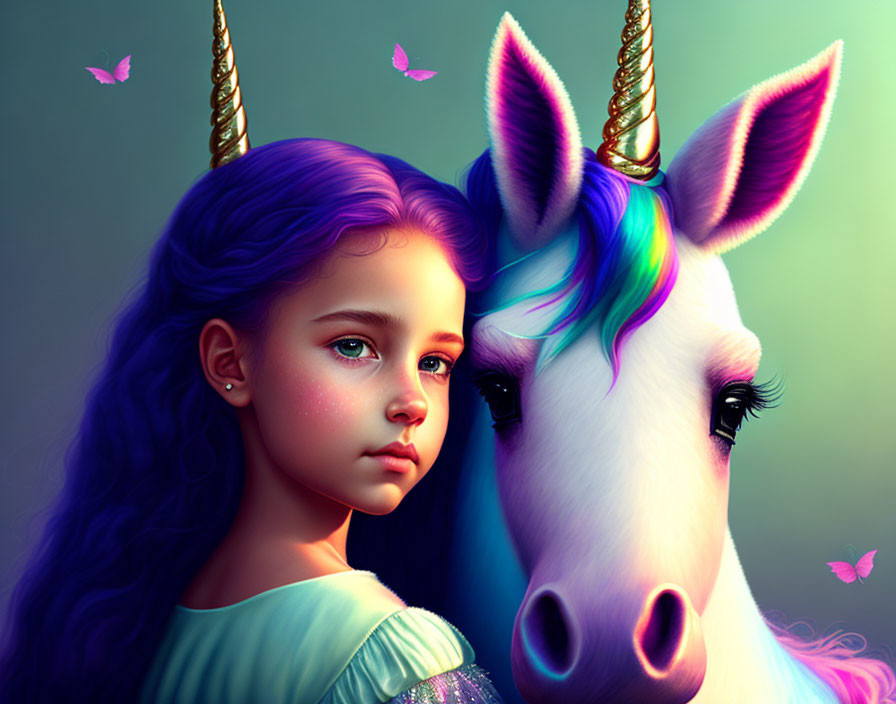 Purple-haired girl with unicorn and rainbow mane, surrounded by pink butterflies