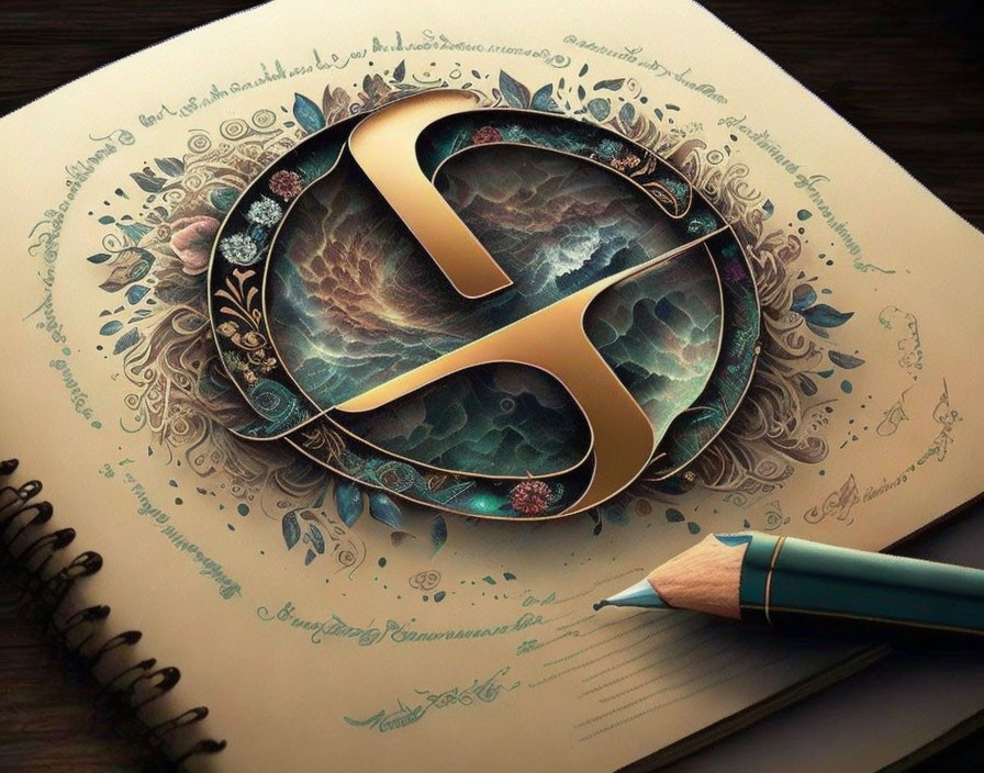 Intricate 3D letter "S" with pencil on open book