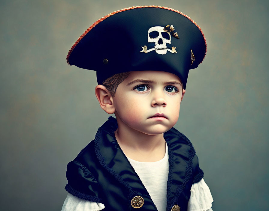 Young boy in pirate costume with skull hat and golden epaulettes