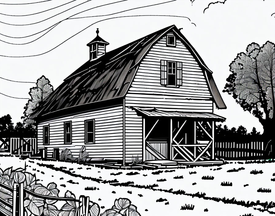 Traditional barn with cupola in black and white illustration.