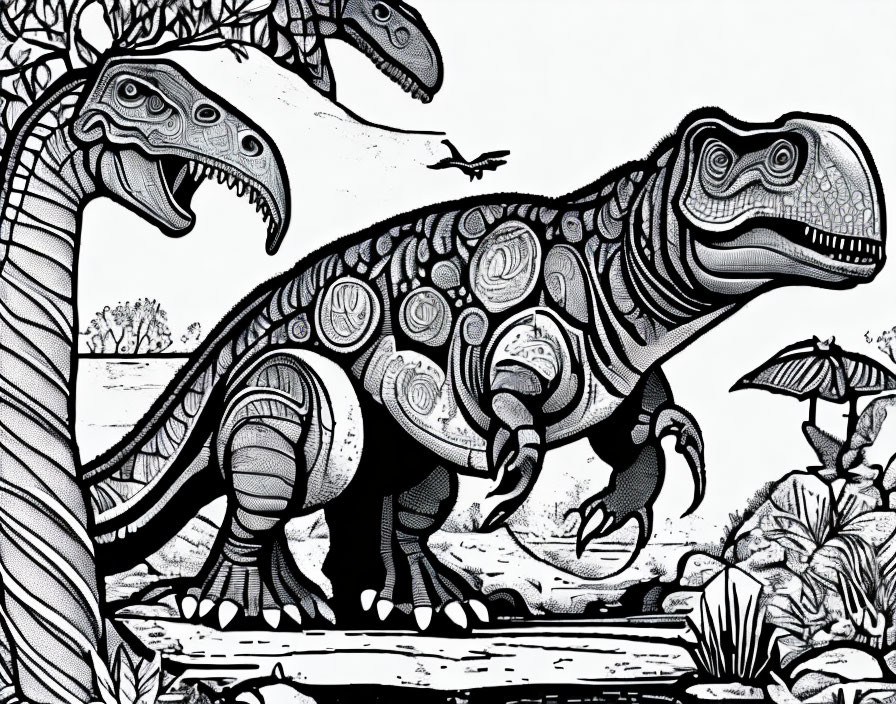 Monochrome dinosaur illustration with circular patterns and prehistoric scenery