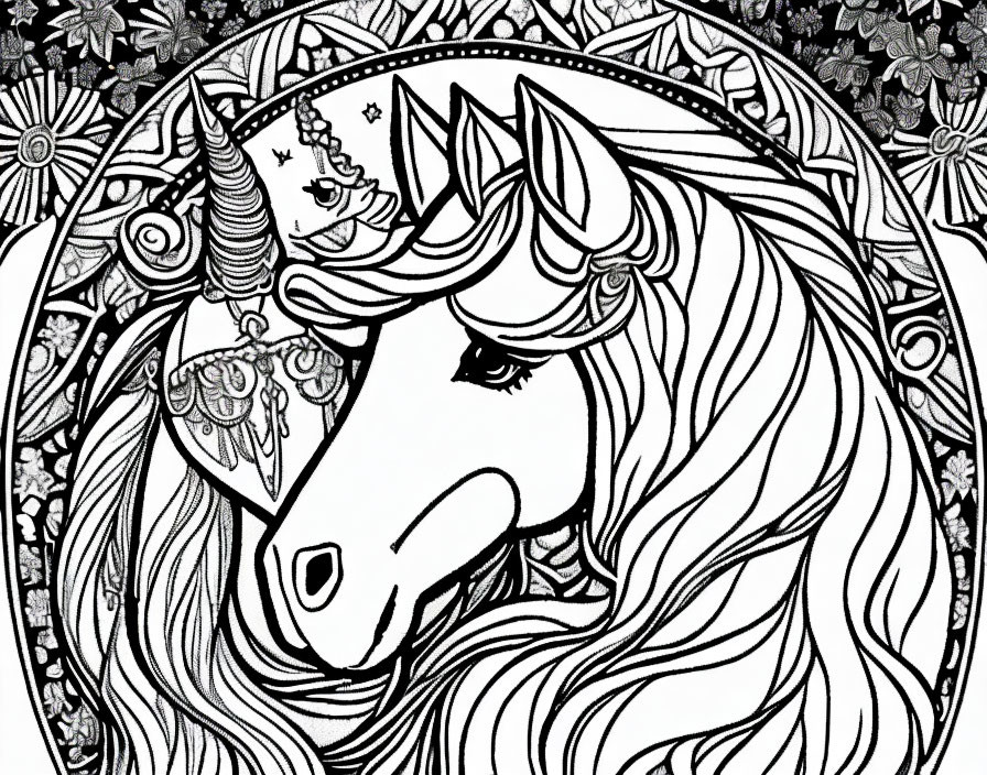 Detailed black and white unicorn illustration with flowing mane and decorative floral and star patterns