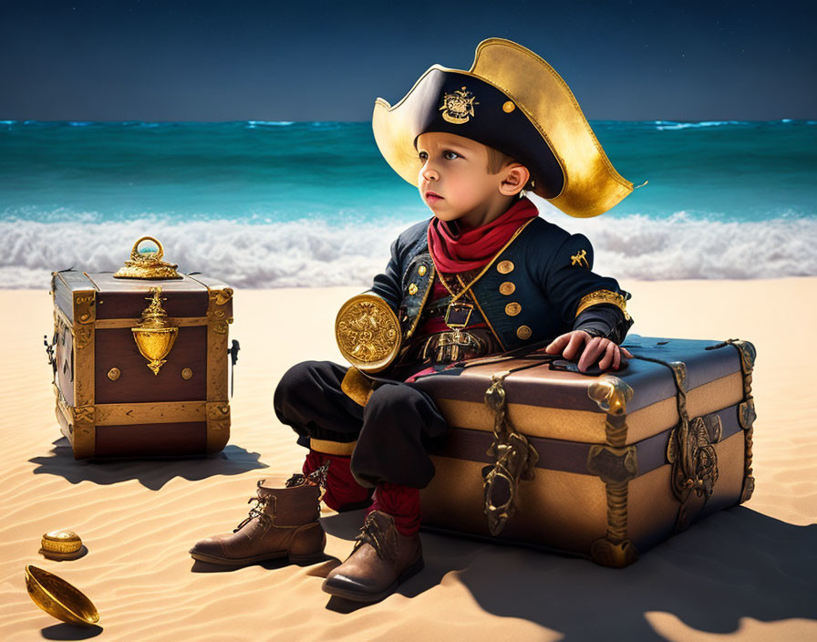 Child in pirate costume on treasure chest at seaside