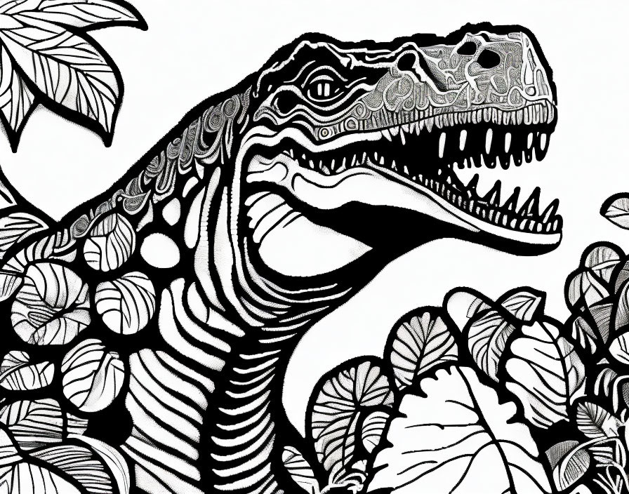 Detailed black and white dinosaur illustration in foliage.