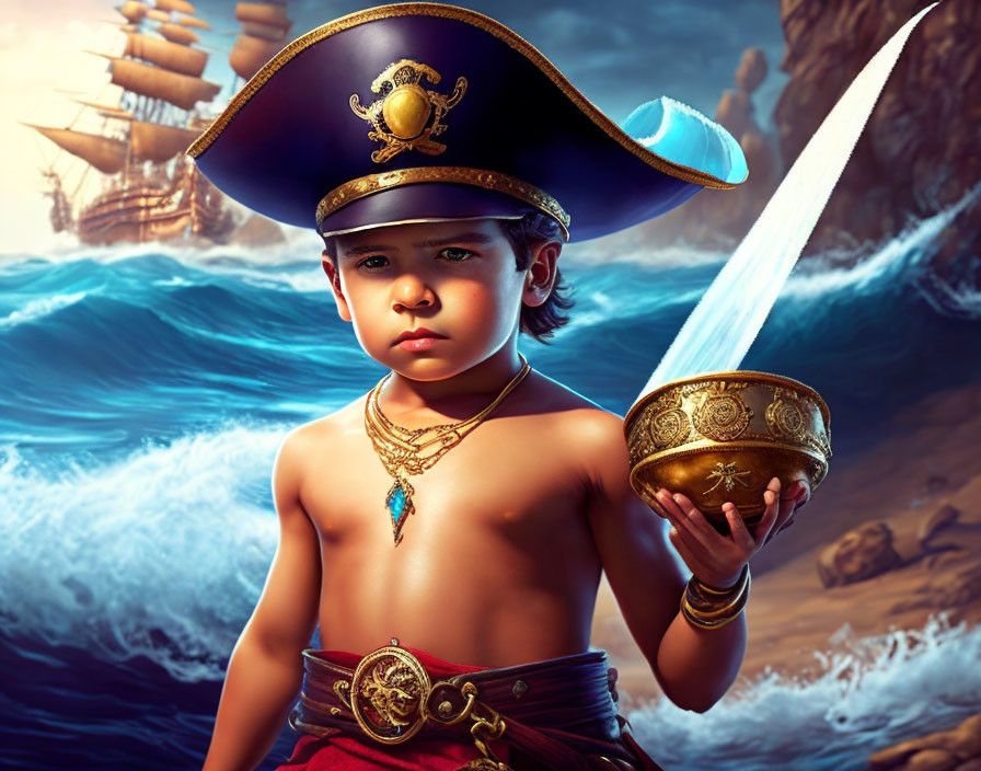 Child in pirate costume with sword by the sea and ships