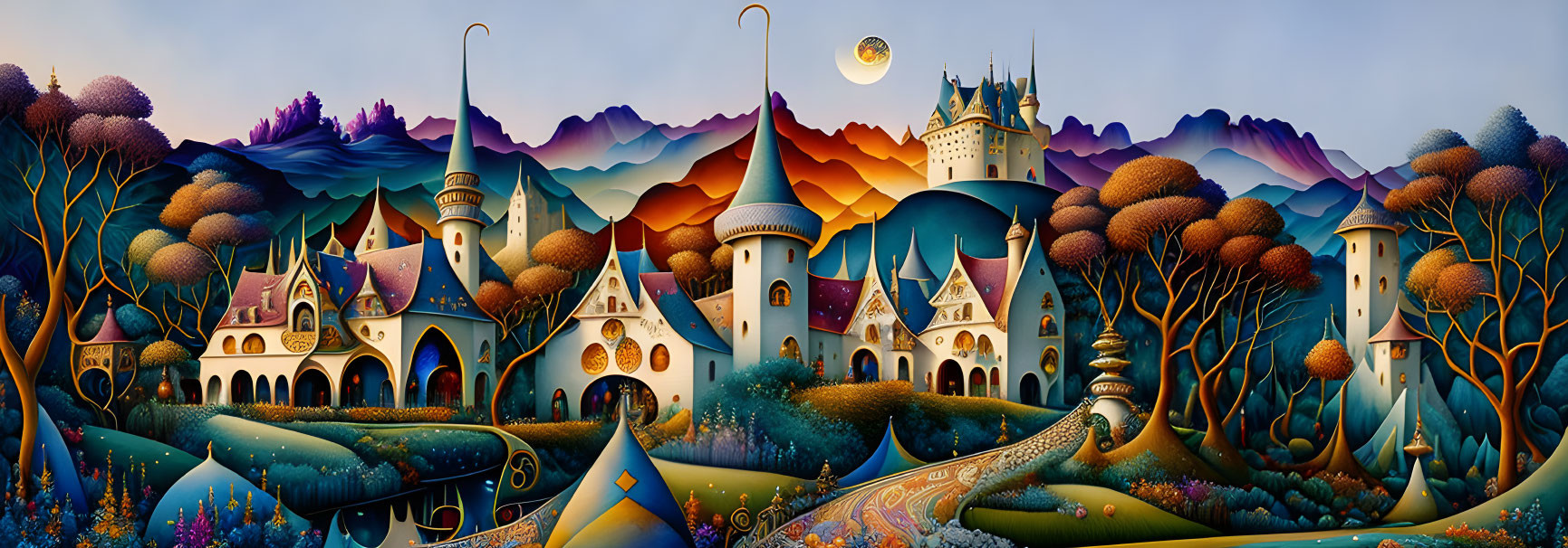 Fantasy panoramic landscape with village, hills, castle, twilight sky, crescent moon