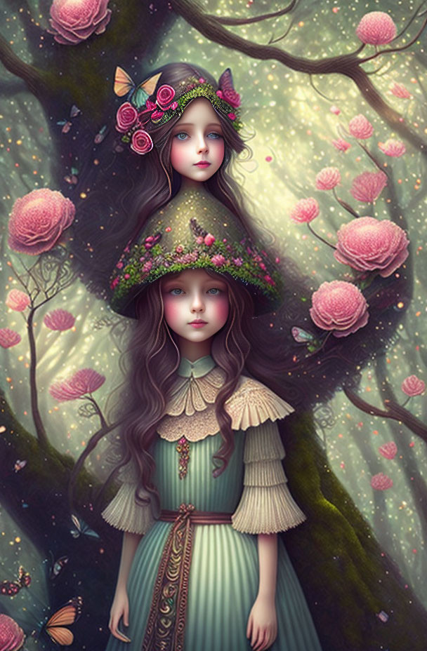 Fantasy female characters with floral hats in enchanted forest setting