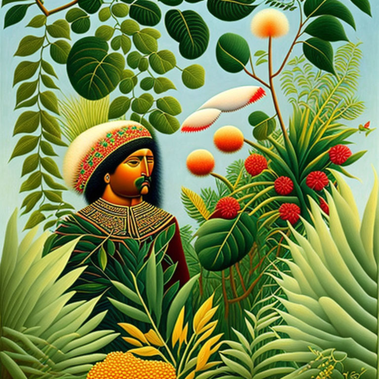 Vibrant painting of man in traditional attire with exotic plants