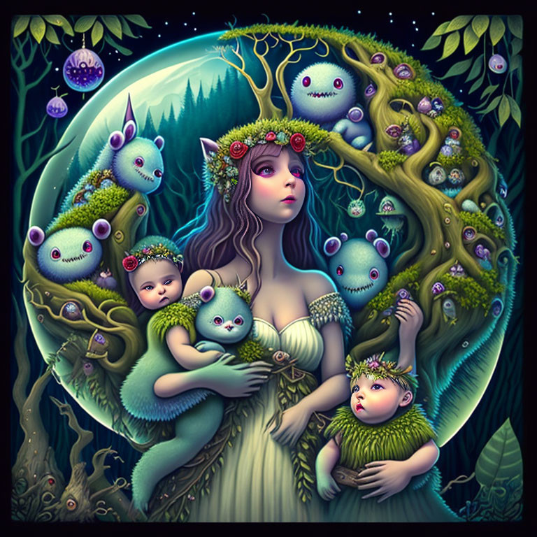 Whimsical illustration of woman with forest features cradling infants surrounded by fantastical creatures