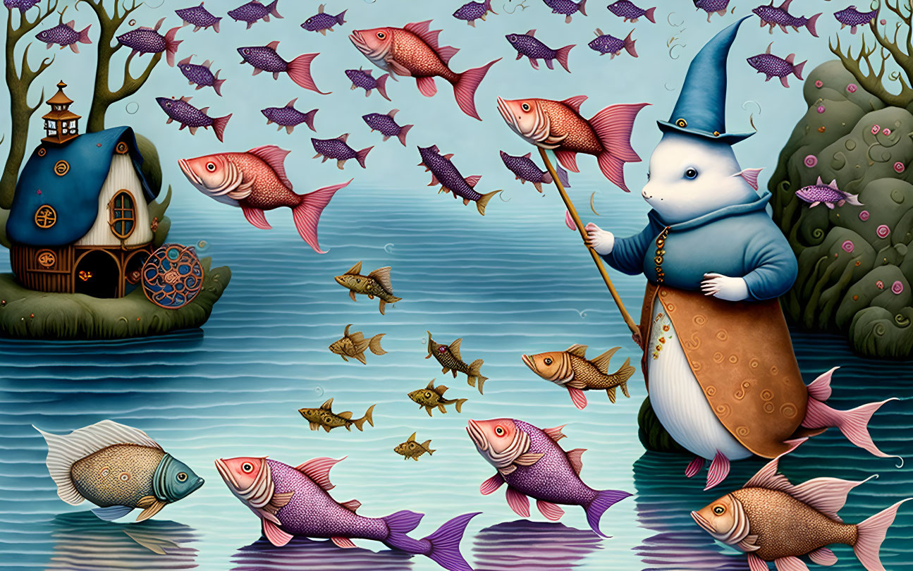 Wizard mouse conjures floating fish by waterbody in whimsical landscape