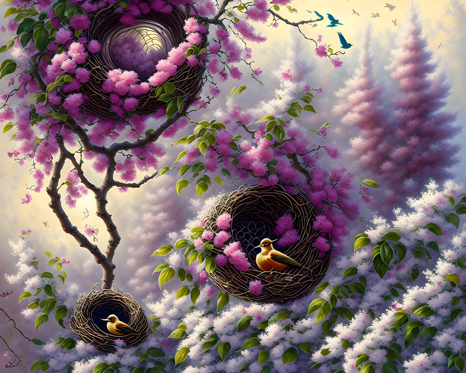 Vibrant artwork: Birds in nests amid blooming trees under dreamy sky