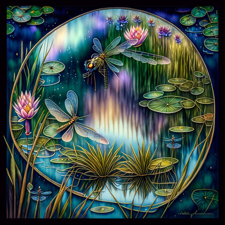 Dragonflies and Lotus Flowers in a Starry Pond Scene