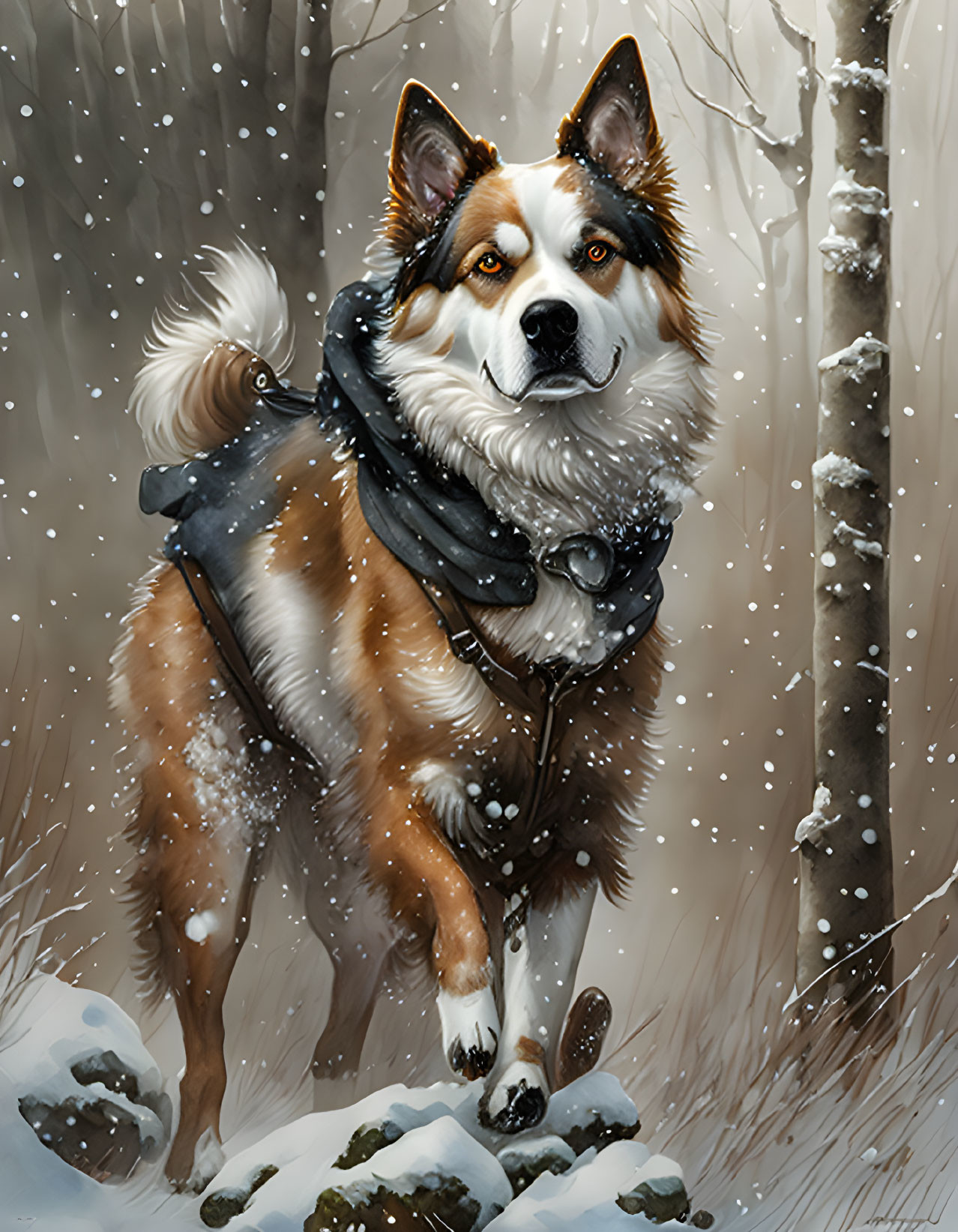 Brown and White Dog in Blue Scarf Walking in Snowy Forest