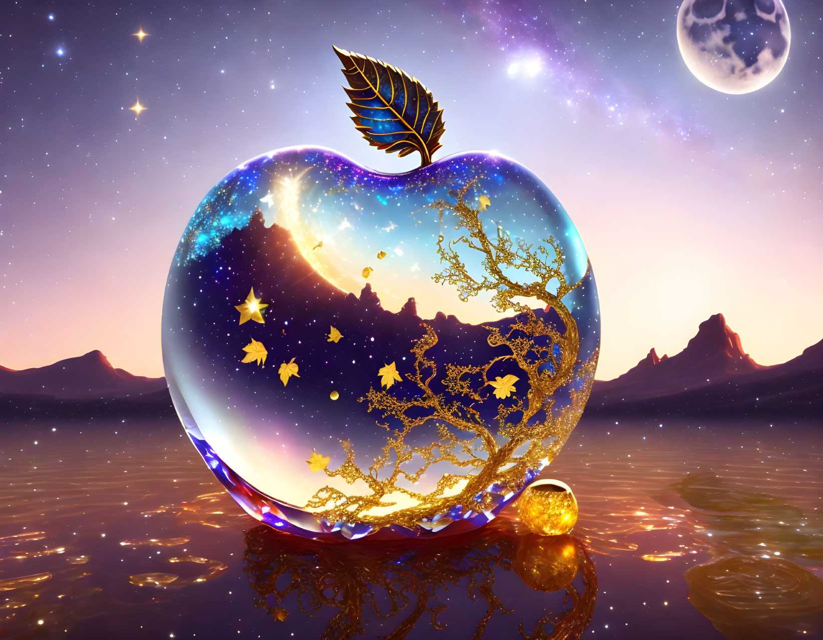 Fantastical apple with cosmic interior and golden accents above water at twilight