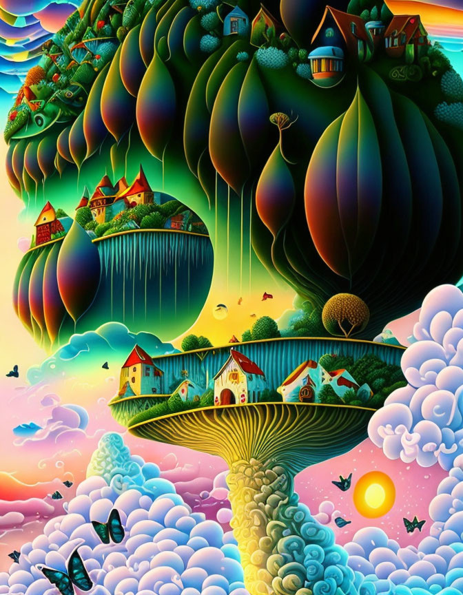 Surreal landscape with floating islands, whimsical houses, waterfalls, clouds, butterflies, and