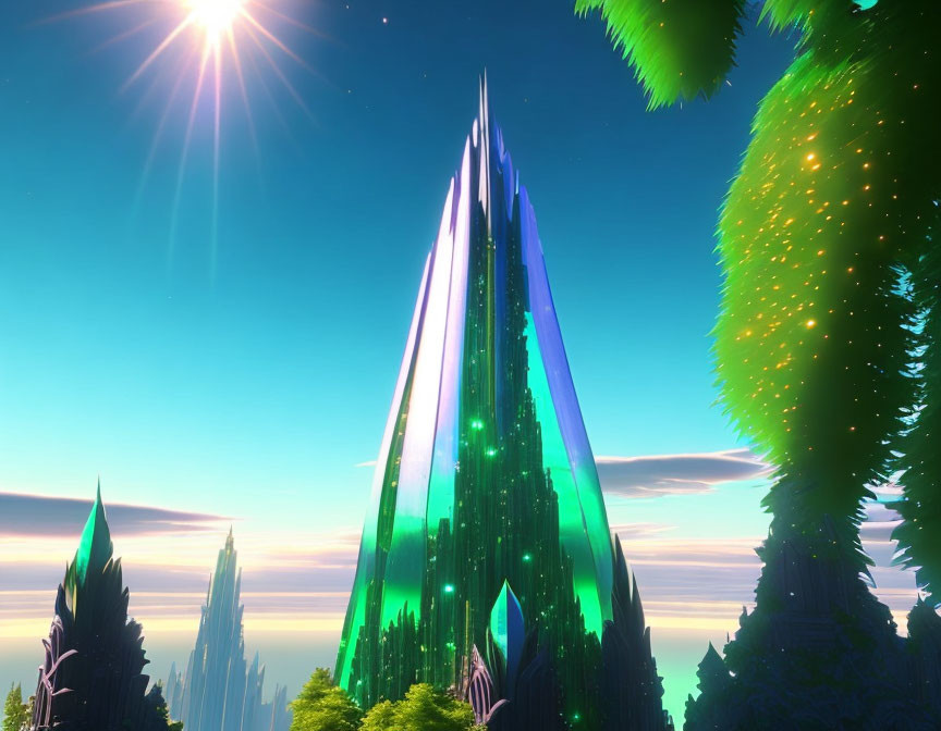 Fantastical landscape with luminescent crystal structures and lush green trees