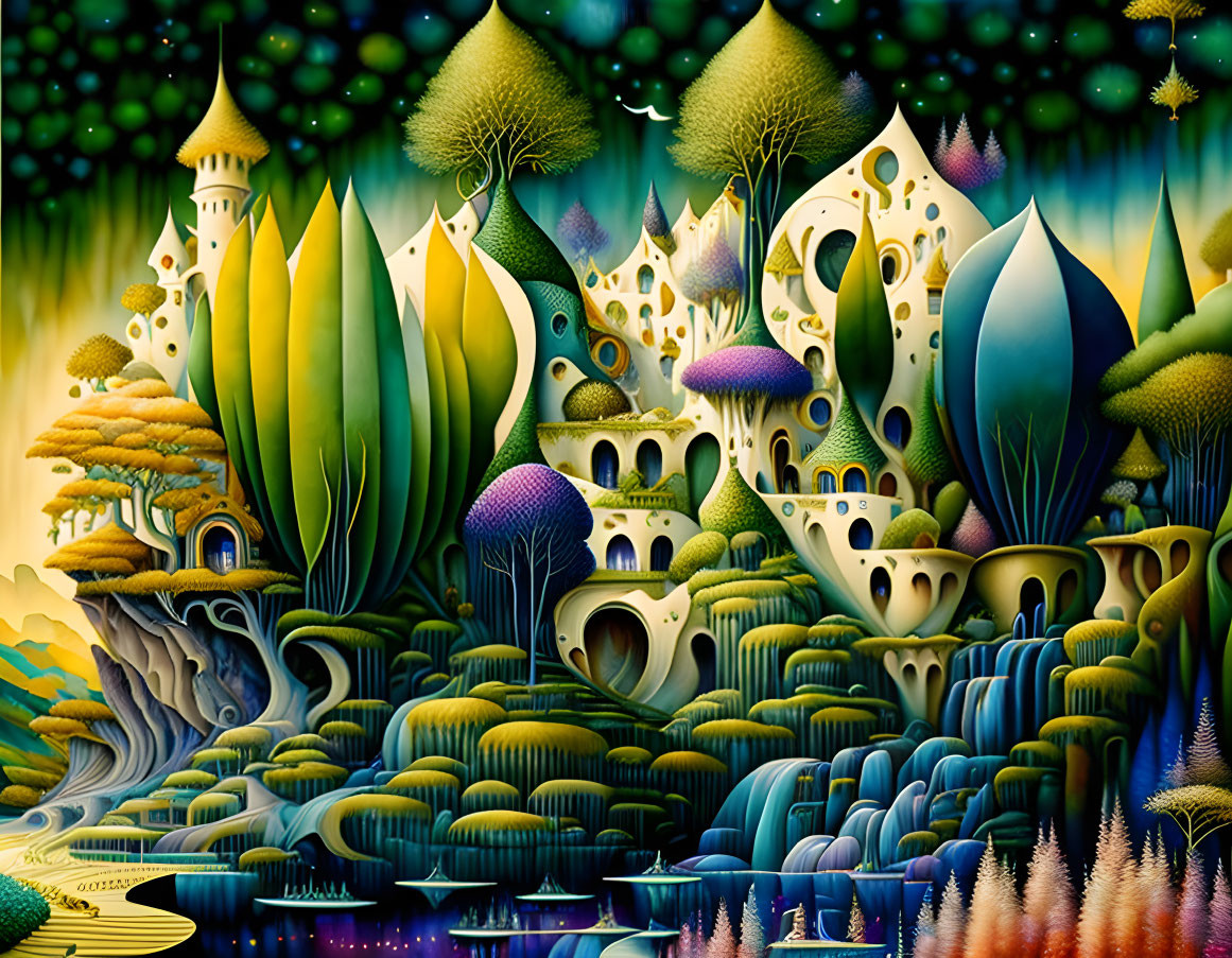 Fantasy landscape with vibrant foliage, whimsical architecture, and starry sky.