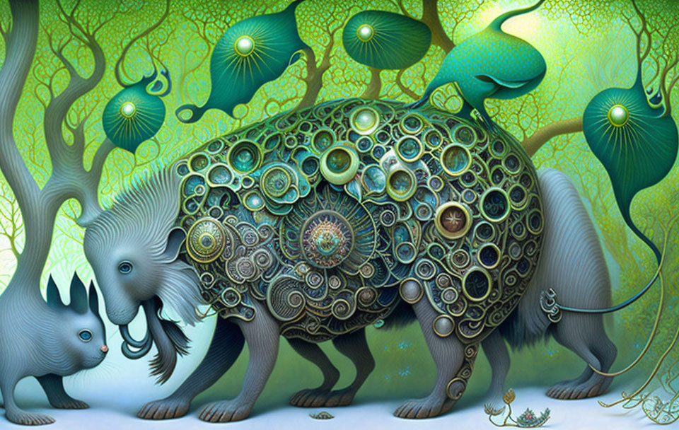 Elephant-like creature with intricate patterns in whimsical forest.