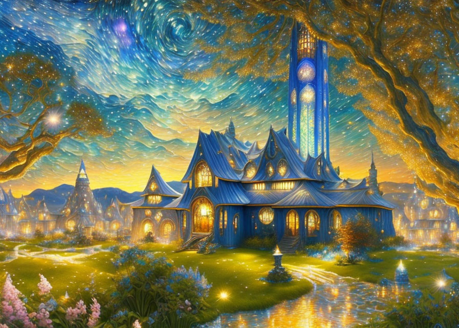 Fantasy castle with blue rooftops in mystical forest landscape