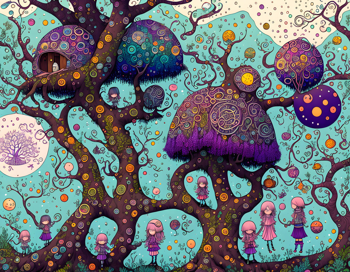 Colorful Psychedelic Illustration of Whimsical Mushroom Houses