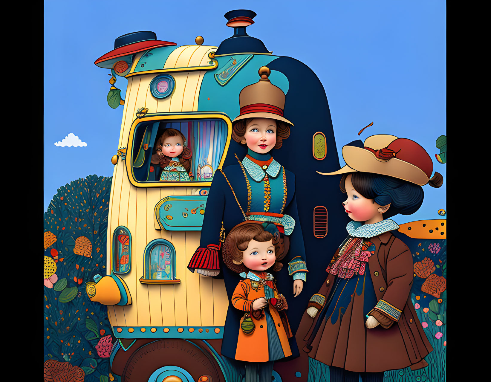 Vintage clothing characters near whimsical train with child in window