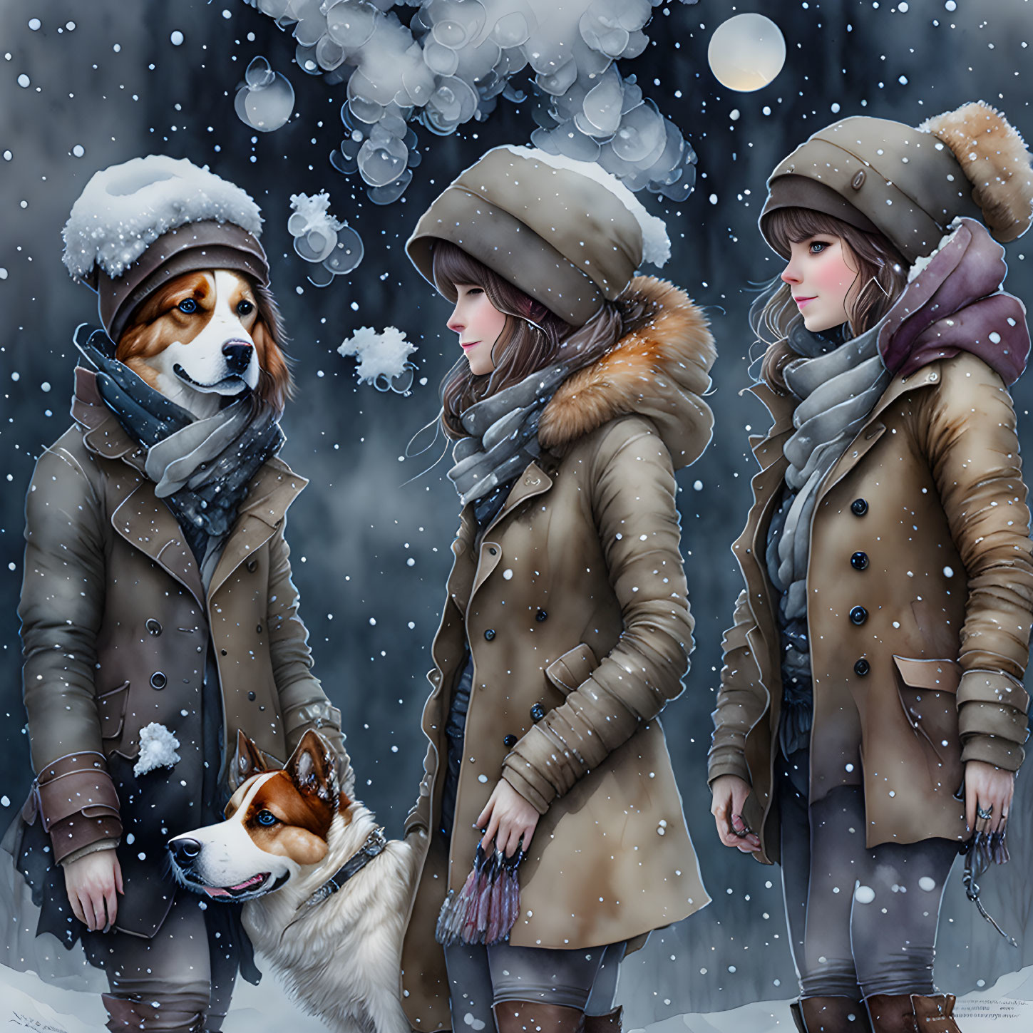 Three Figures in Matching Winter Coats and Hats in Falling Snow