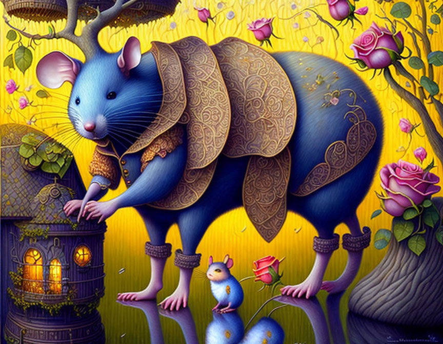 Illustration of blue anthropomorphic mouse in renaissance attire in golden-hued setting