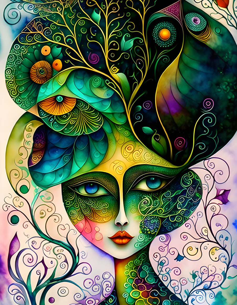 Colorful Surrealist Artwork Featuring Female Figure with Nature-Inspired Motif