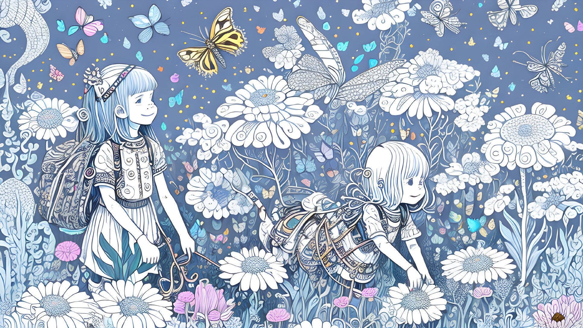 Whimsical floral setting with animated girls and butterflies