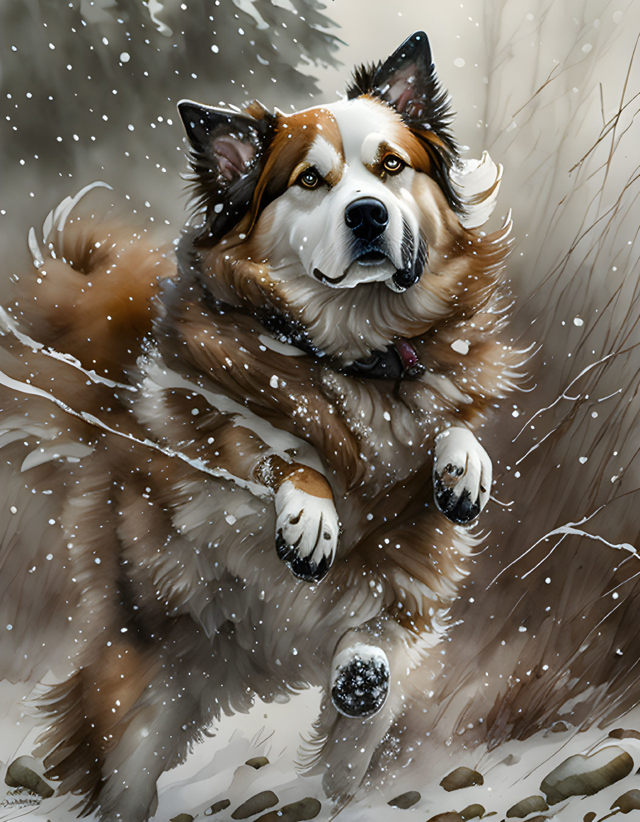 Brown and white fluffy dog playing in the snow with falling snowflakes