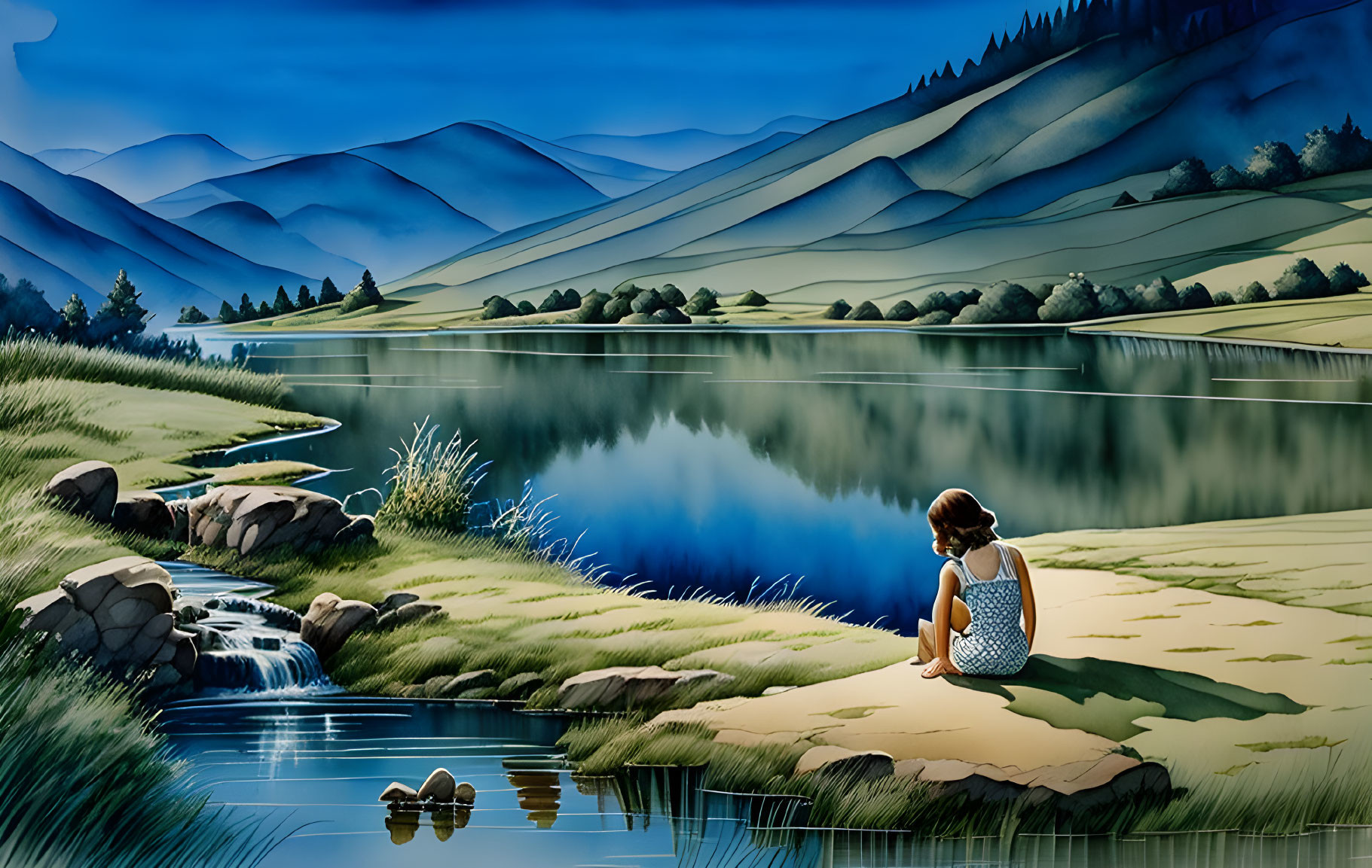 Tranquil girl by calm lake with hills and waterfall