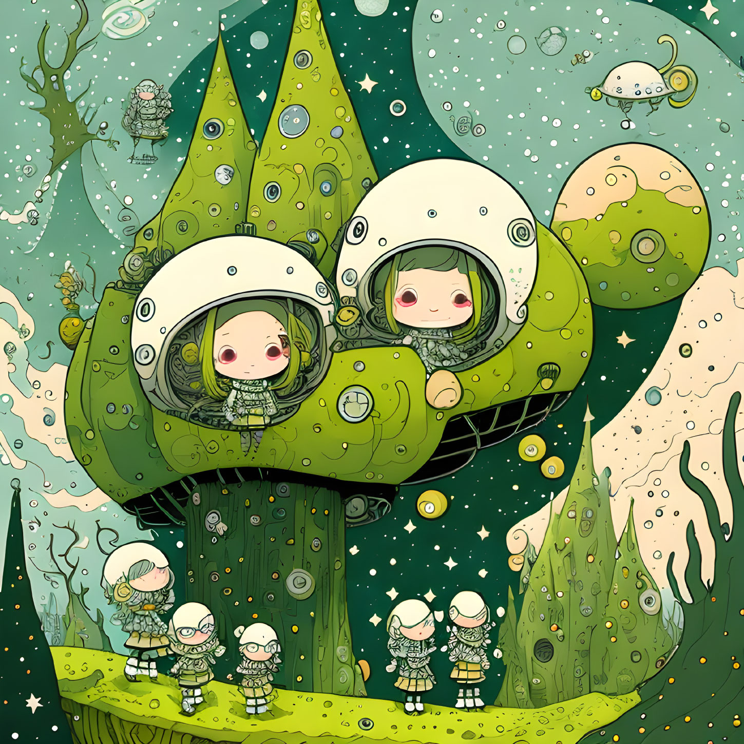 Childlike astronauts in fantastical forest with tree spaceships