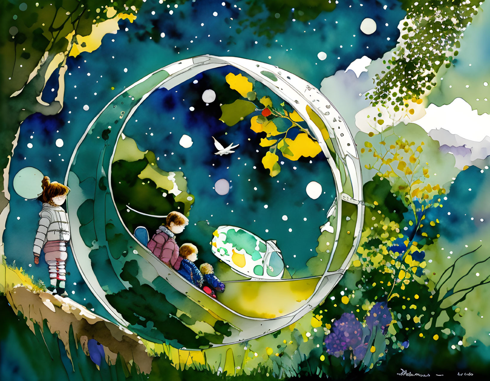 Children by large circular window in whimsical space scene.