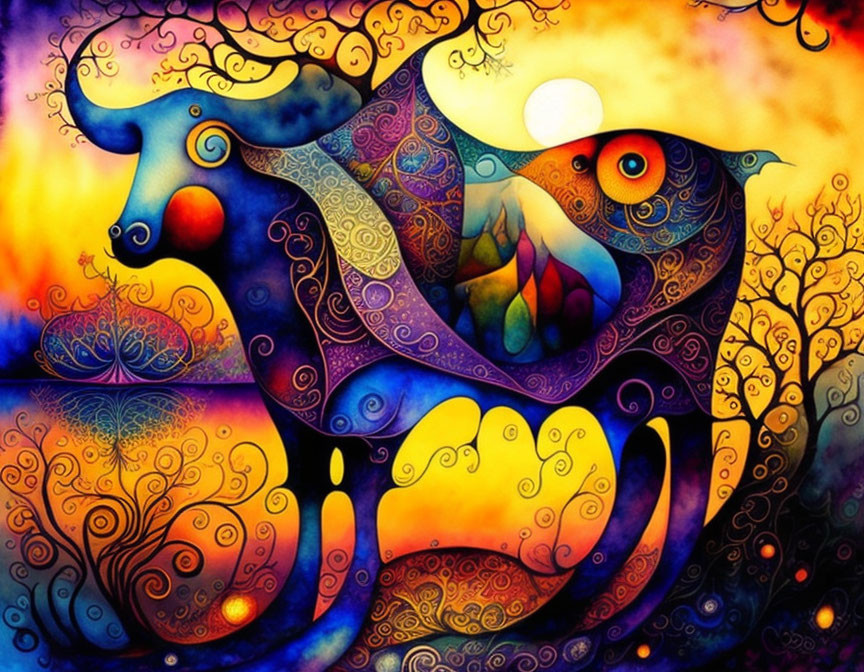 Colorful Abstract Painting: Intertwined Animals and Tree Silhouettes