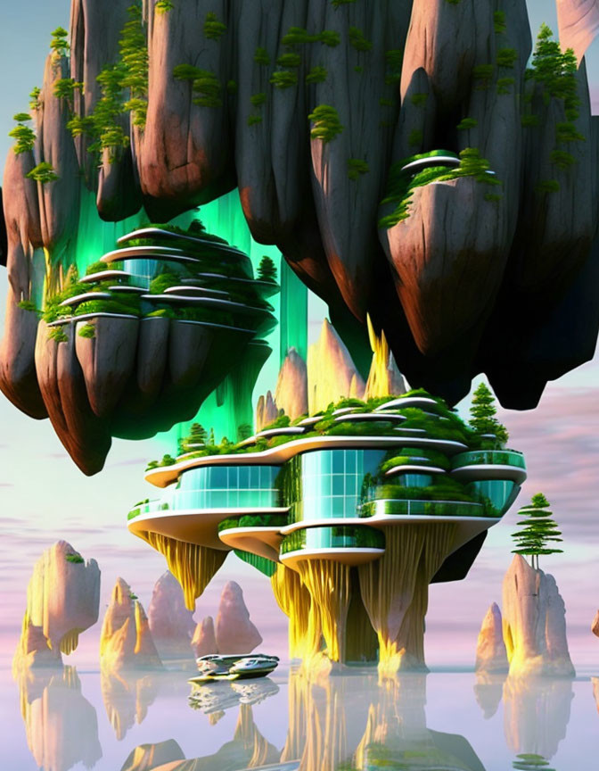 Futuristic floating islands with glowing green energy on serene lake