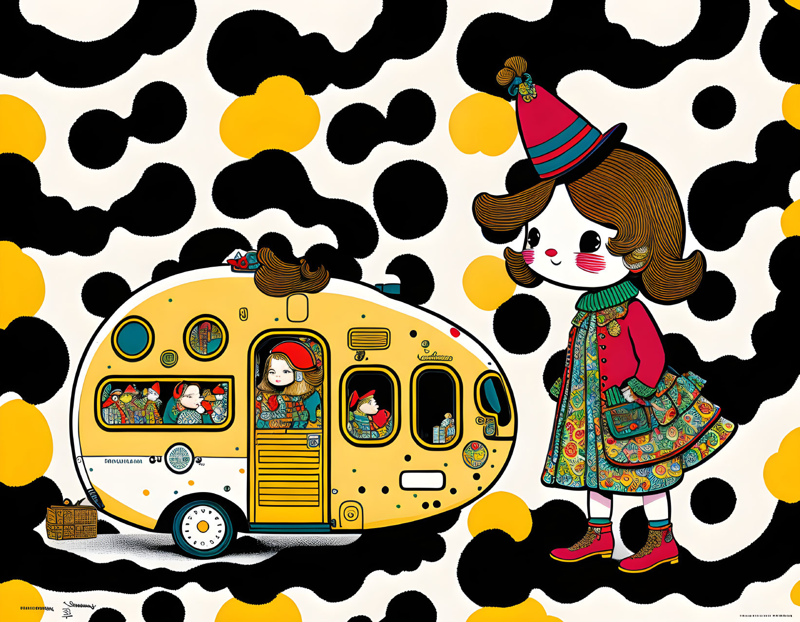 Whimsical illustration of clown-like girl and yellow caravan on spotted background