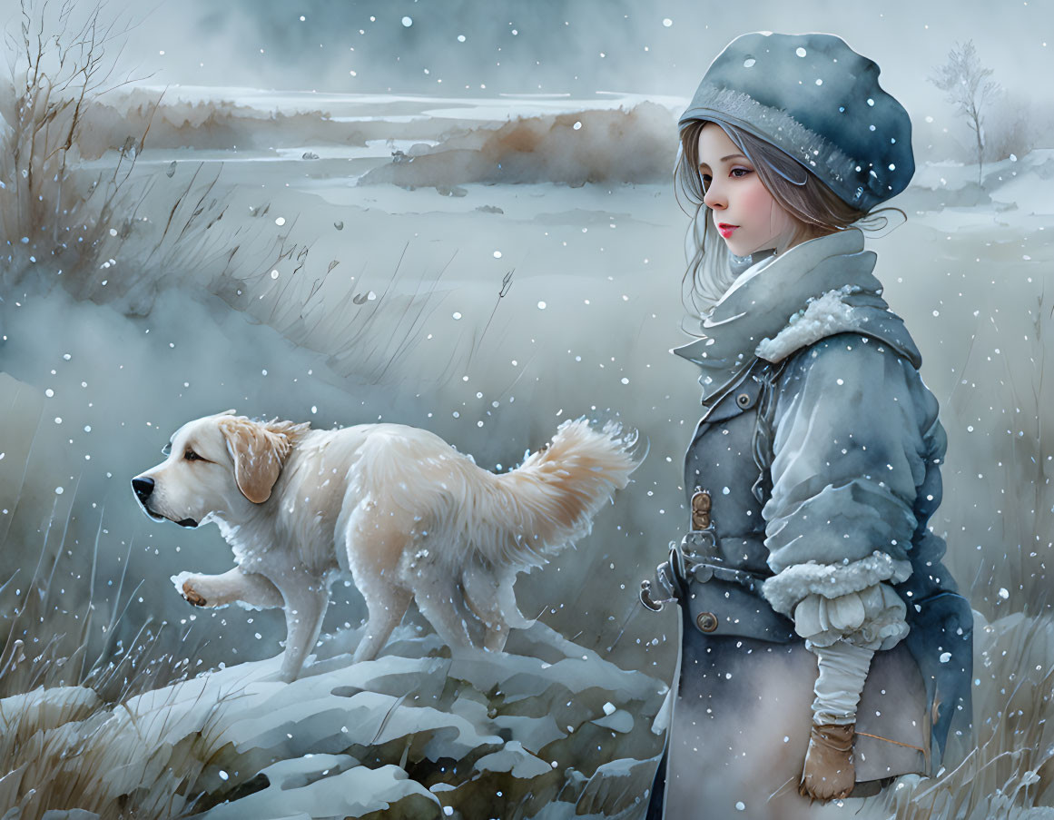 Girl and dog in snowy landscape with falling snowflakes