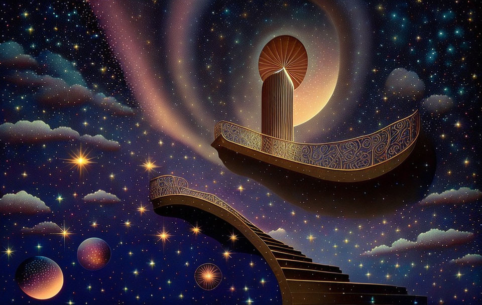 Celestial-themed artwork with boat-like structure on spiral staircase