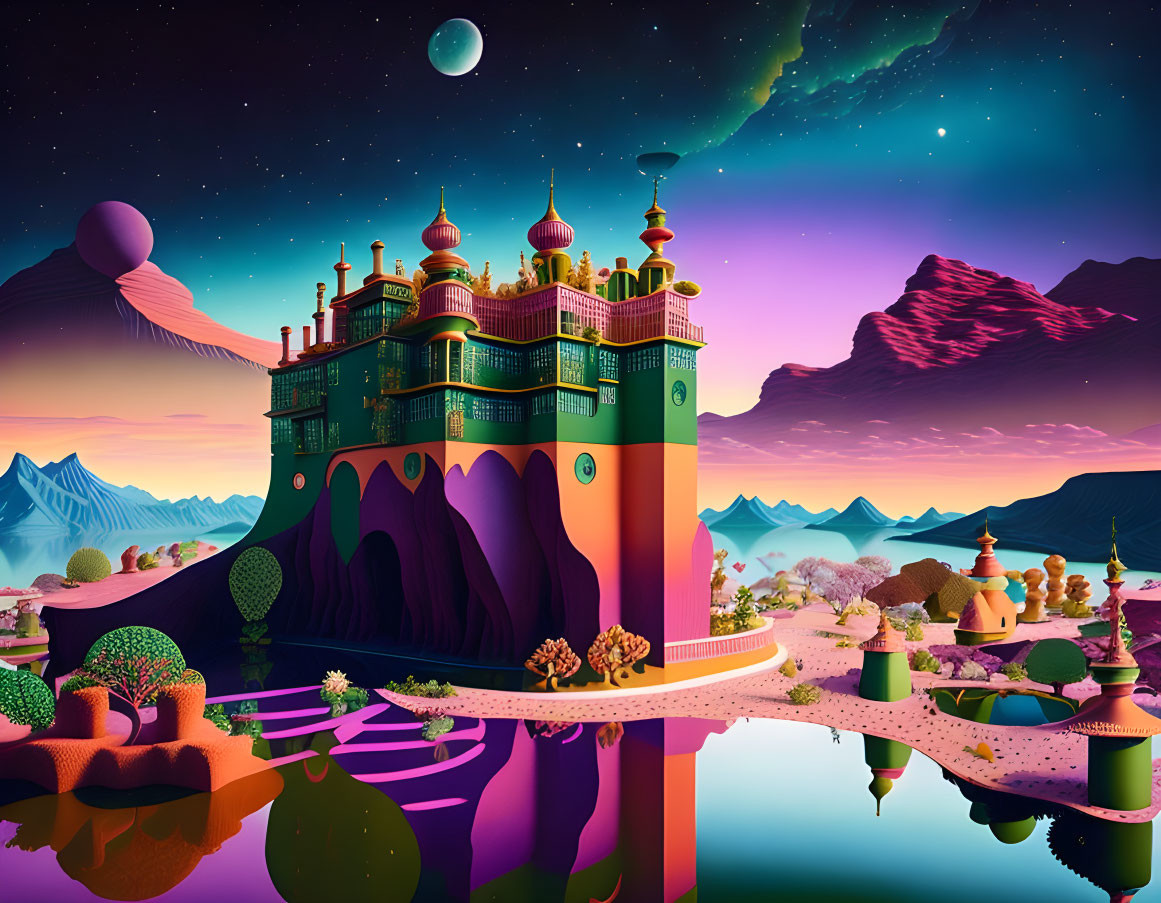 Colorful palace on cliff in fantasy landscape with spherical structures