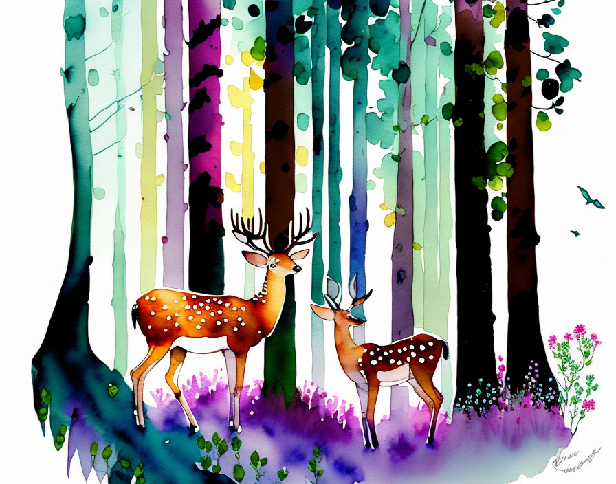 Colorful watercolor painting of deer in vibrant forest scene