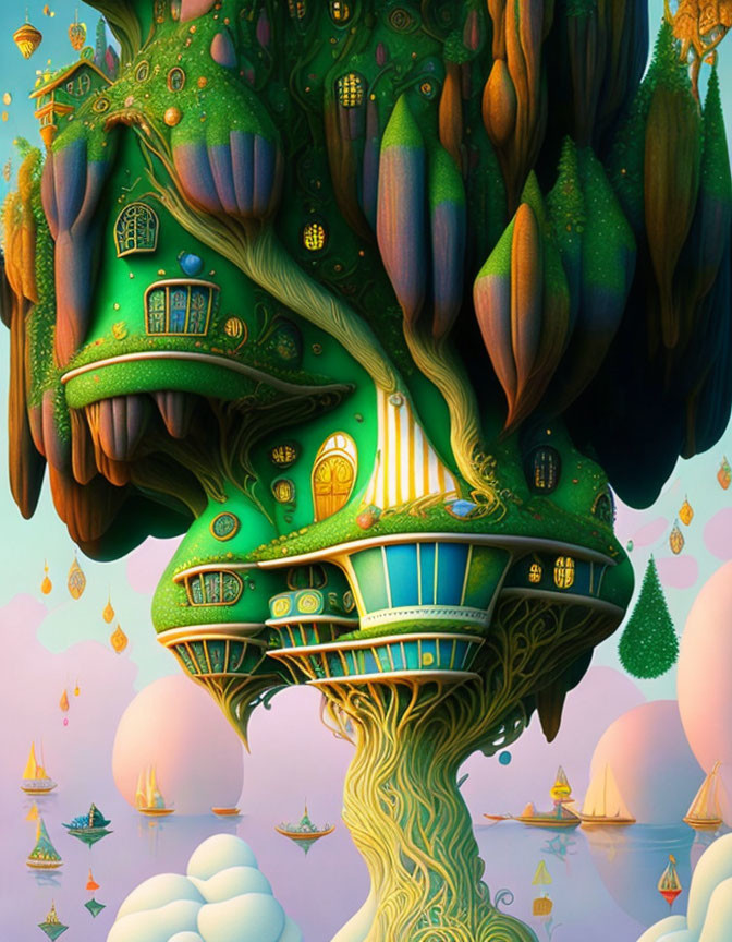 Whimsical tree with house-like structures and floating islands in dreamy sky