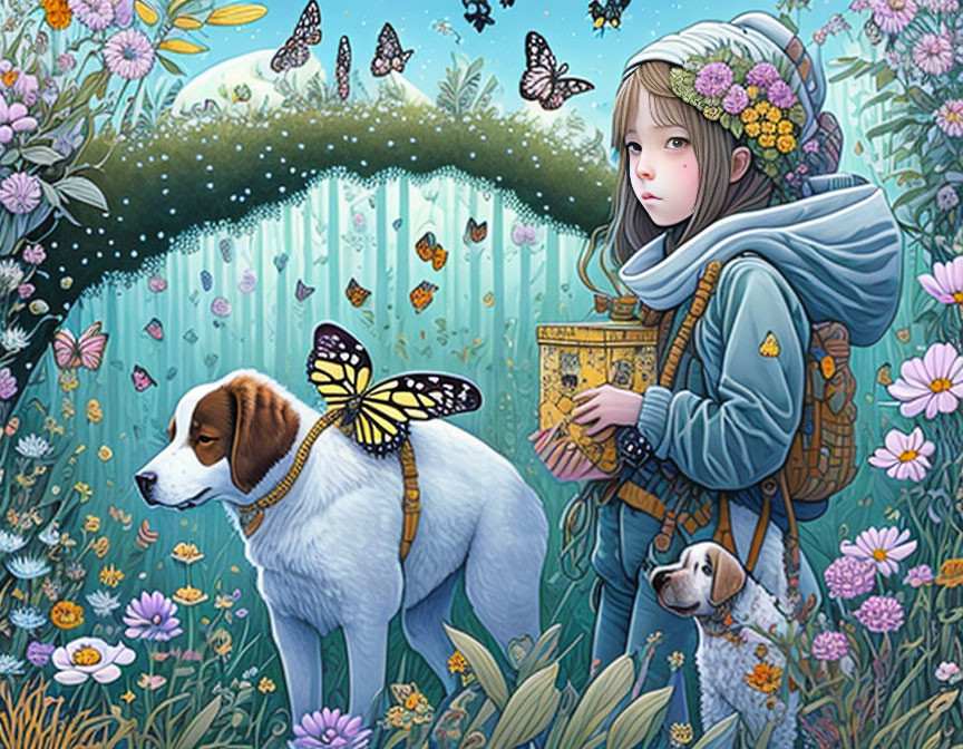 Girl with flowers in hair and backpack beside beagle in vibrant garden