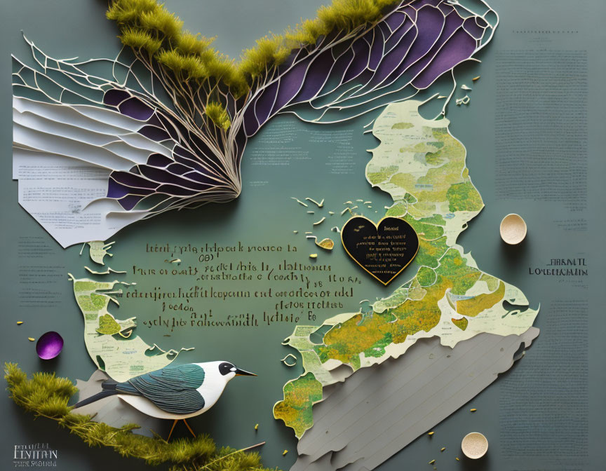 Open book merging into a bird with wings over map and botanical elements