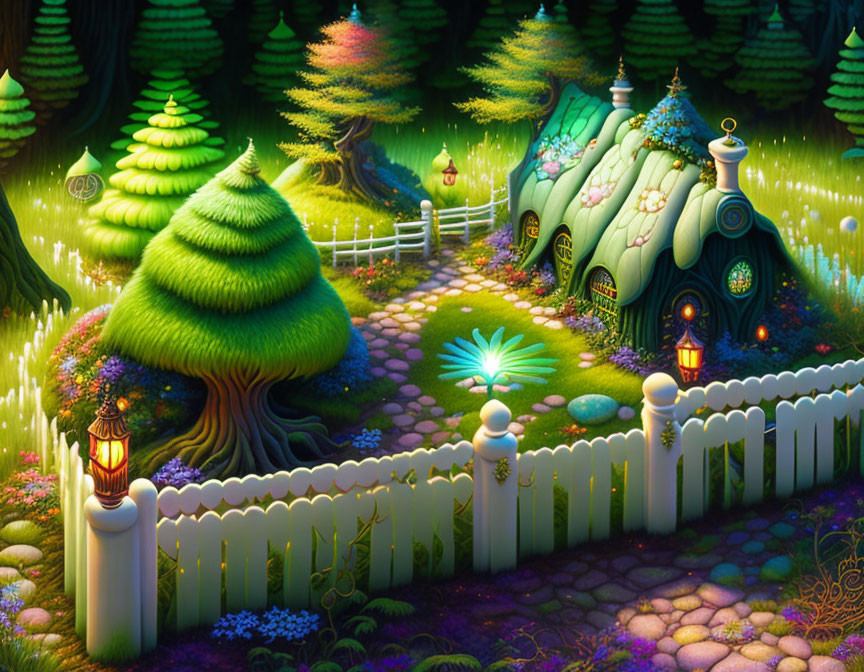 Fantasy landscape with glowing plants, whimsical house, picket fence, and magical trees